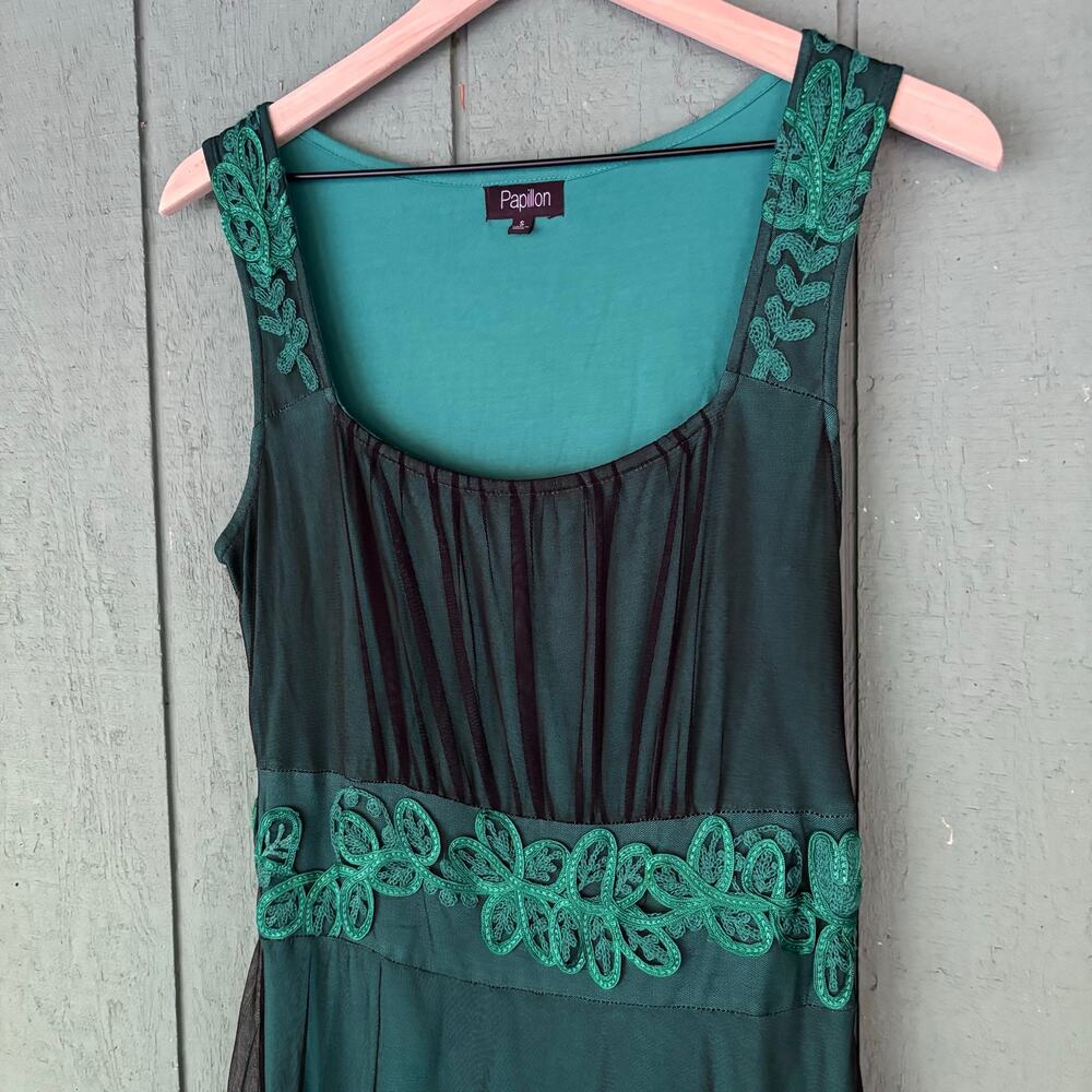 Y2K Emerald Green Embroidery Fairycore Midi Dress Whimsygoth Dark Romantic Sz S - Picture 2 of 6